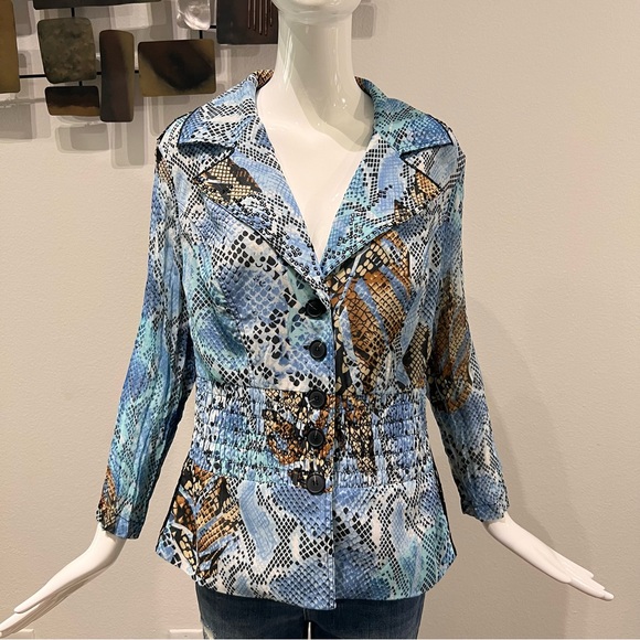 ALBERTO MAKALI Snakeskin Print Fitted Stretch Jacket Embellished Blue Size XL - Picture 2 of 14